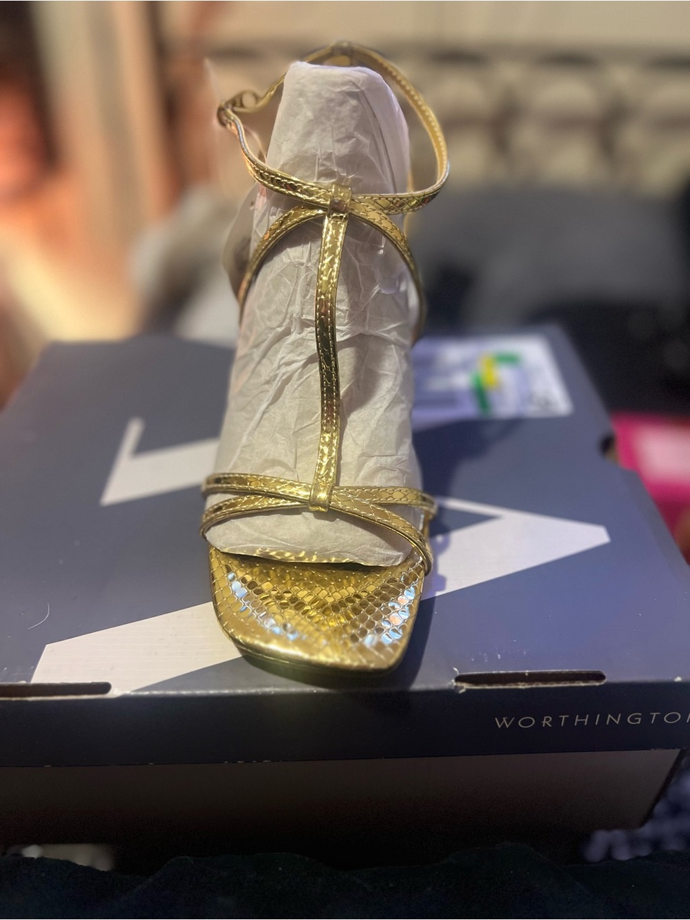 Worthington Metallic Gold Strappy T‑Bar High Heel Sandal